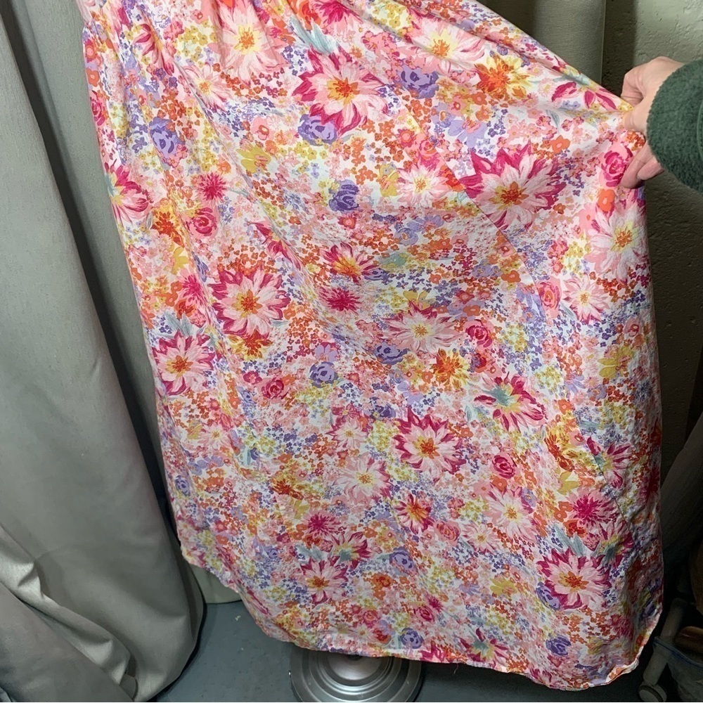 Floral Maxi Dress Pink Sz M Colorful Cotton Ruffle Neckline Boho Prairie - Picture 7 of 13